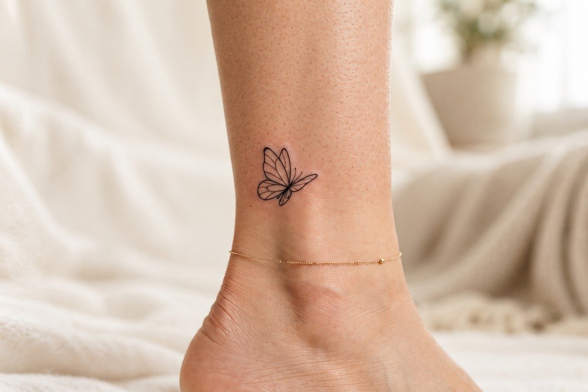 Small black linework butterfly tattoo above the ankle with a delicate gold anklet